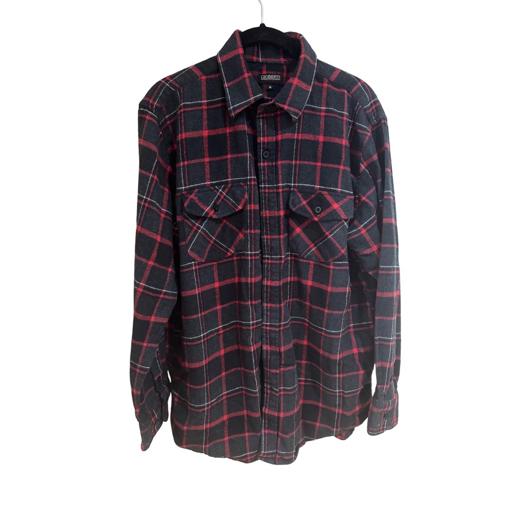 Gioberti Italy Mens Flannel Shirt Black Red Plaid Button Down Long Sleeve Size M